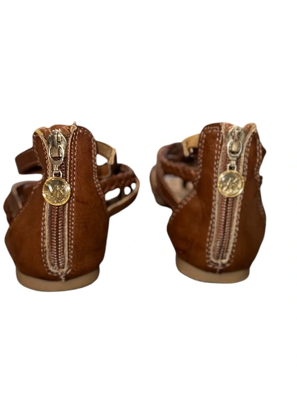 Michael Kors Girls Tatia Cognac Braided Gladiator Sandals Zip Back MK Logo S 13